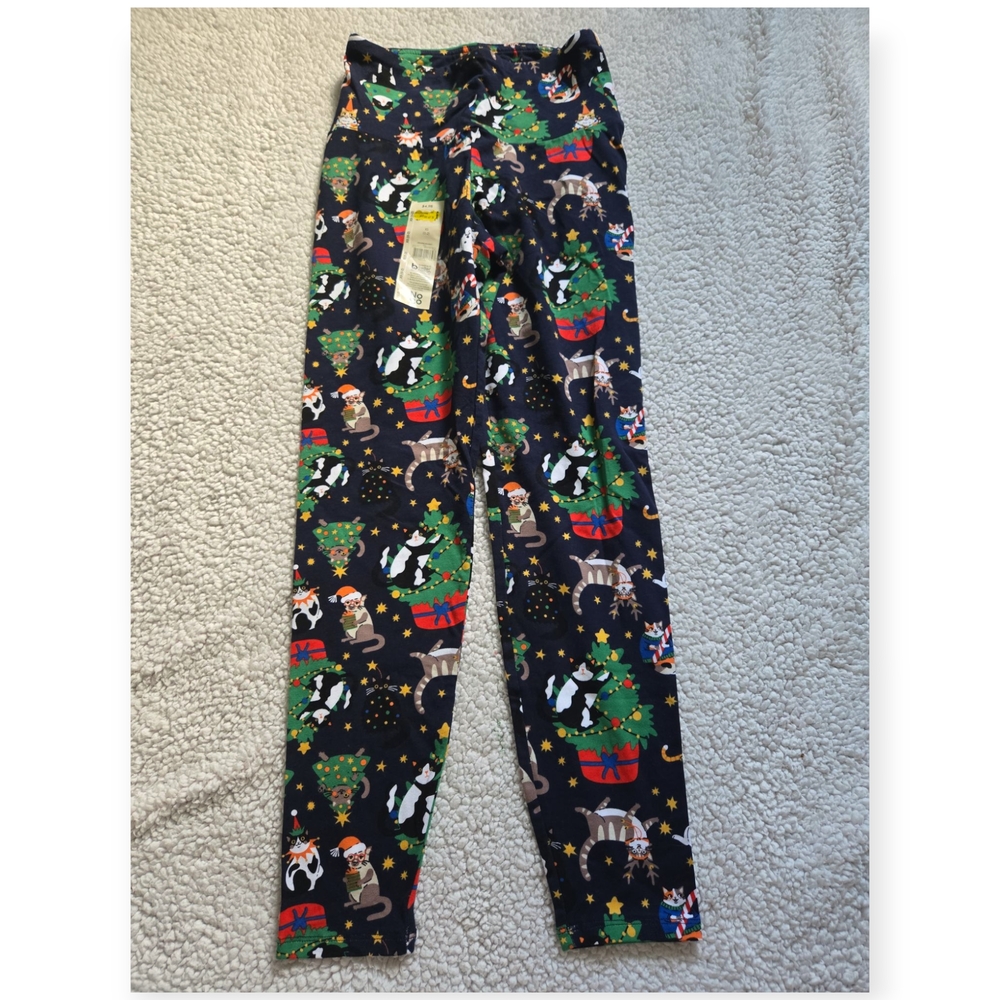 No Boundaries Blue and Green Christmas Holiday Cat Leggings Size XS